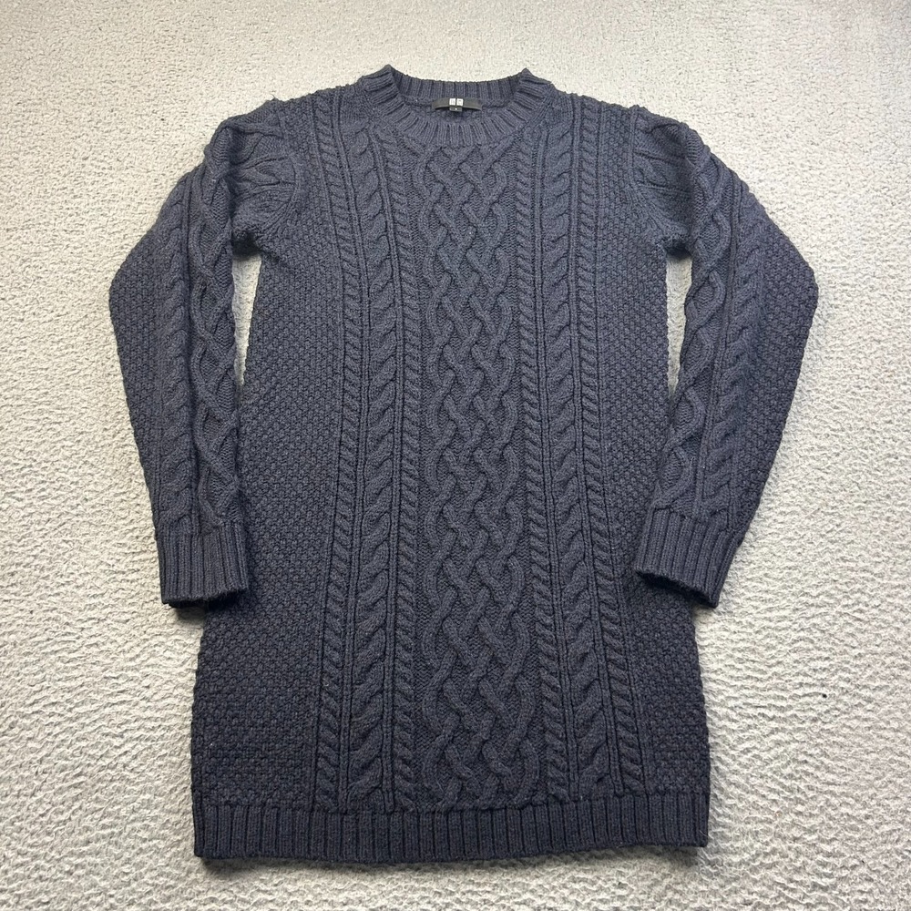 Uniqlo Cable Knit Crew Neck Mini Dress Womens Navy Wool Blend Sweater Size Small